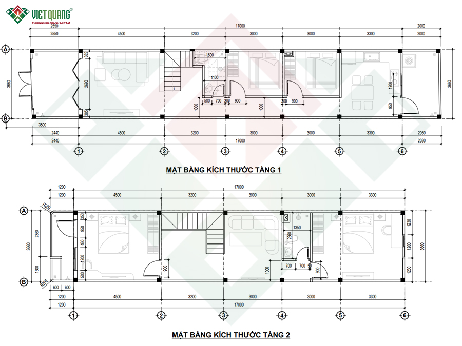 Mặt bằng bố trí công năng nhà 1 trệt 1 lầu 4x17m