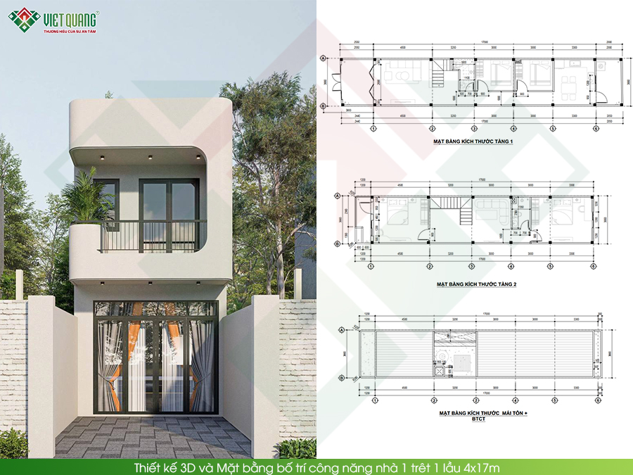 Mẫu thiết kế nhà 1 trệt 1 lầu 4x17m