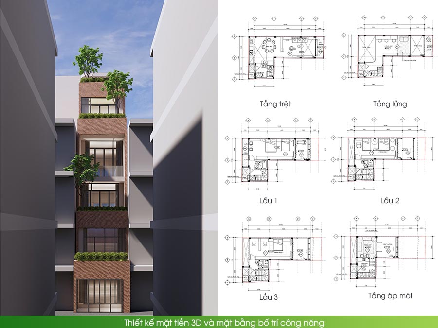 Thiết kế 3D và mặt bằng công năng nhà phố 5 tầng có lửng