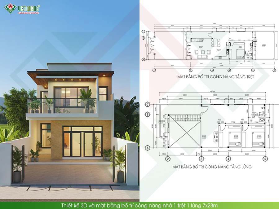 Thiết kế 3D và mặt bằng công năng nhà 1 trệt 1 lửng 7x28m