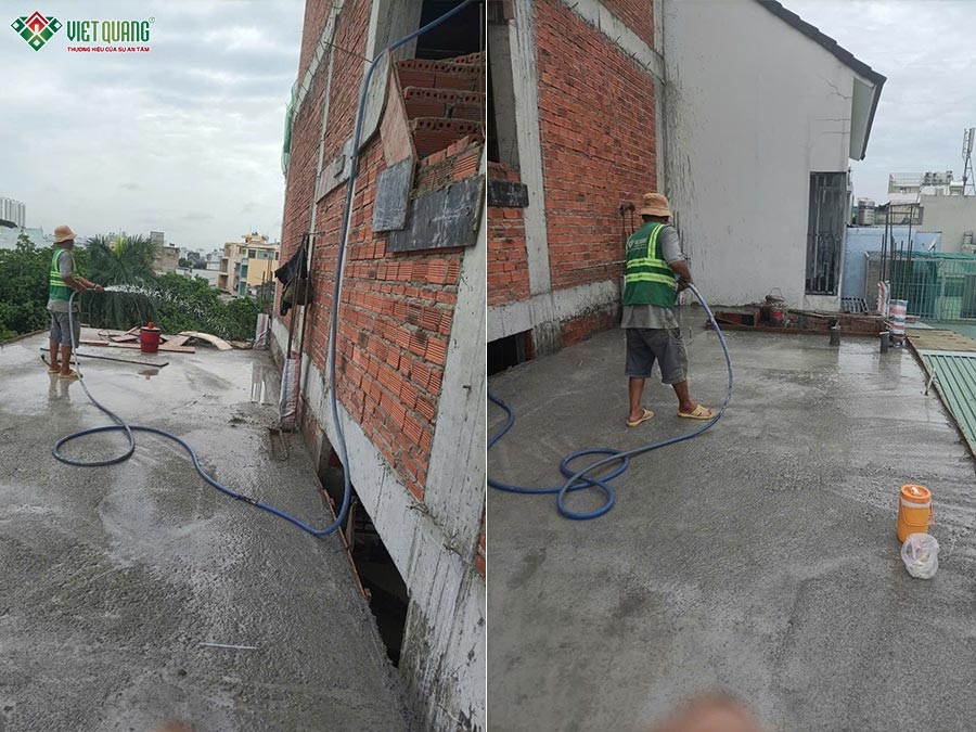 Tưới nước bảo dưỡng bê tông sàn lầu 3
