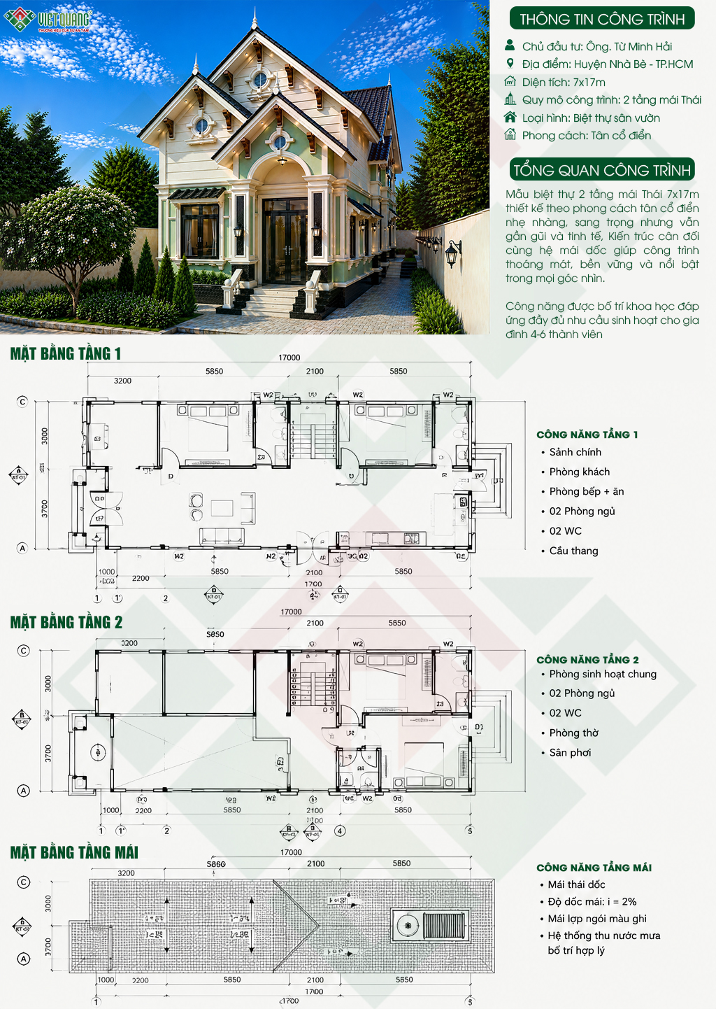 Thiết kế và mặt bằng bố trí công năng biệt thự 2 tầng mái Thái 7x17m