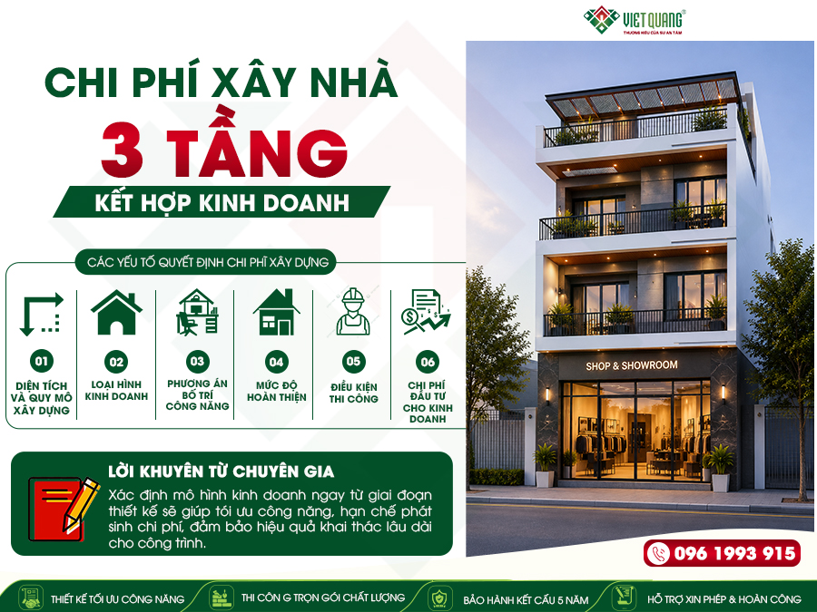 Chi phí xây nhà 3 tầng kết hợp kinh doanh