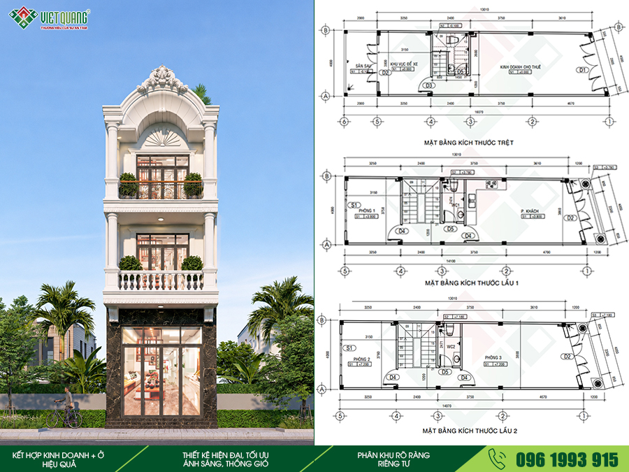Mẫu thiết kế nhà 3 tầng tan cổ điển 4x16m kết hợp kinh doanh