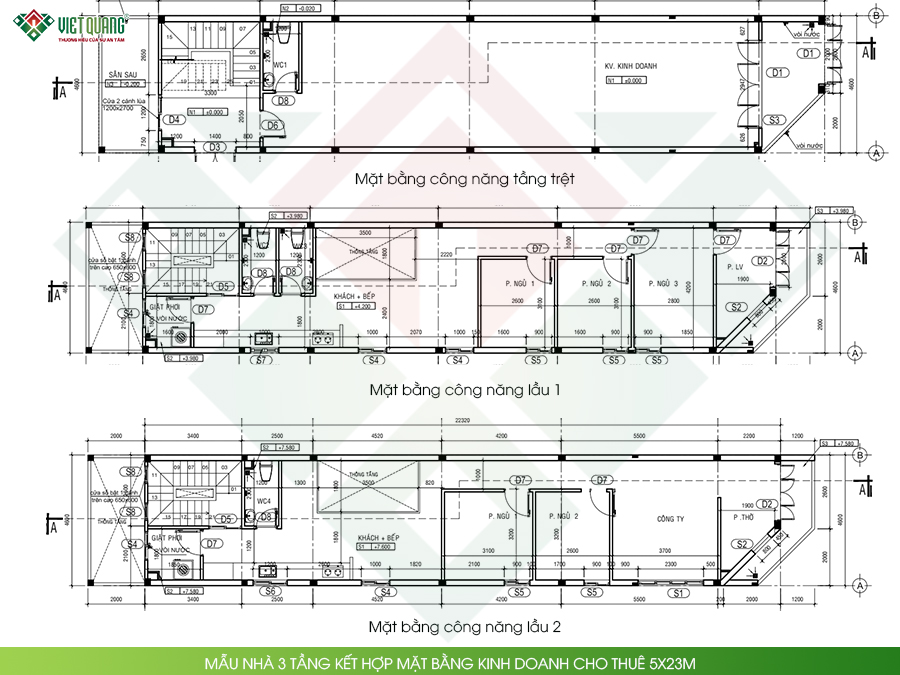 Mặt bằng bố trí công năng nhà 3 tầng 5x23m