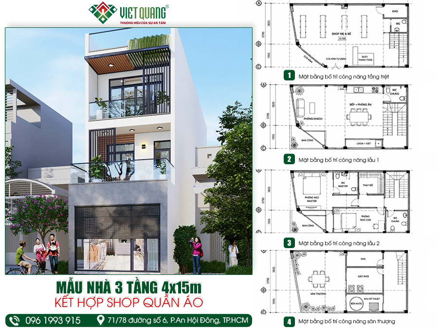 Mẫu thiết kế nhà 3 tầng 4x15m kết hợp shop quần áo