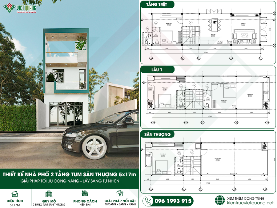 Mẫu thiết kế nhà phố 2 tầng tum sân thượng 5x17m hiện đại, xu hướng 2026 