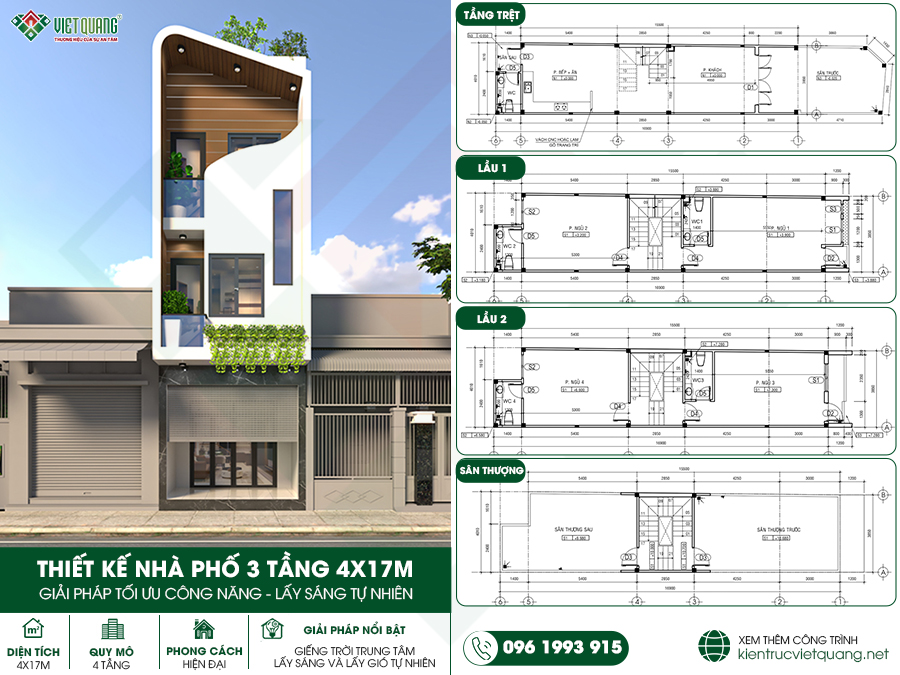Giải pháp thiết kế nhà phố 3 tầng 4x17m lấy sáng tự nhiên với giếng trời trung tâm