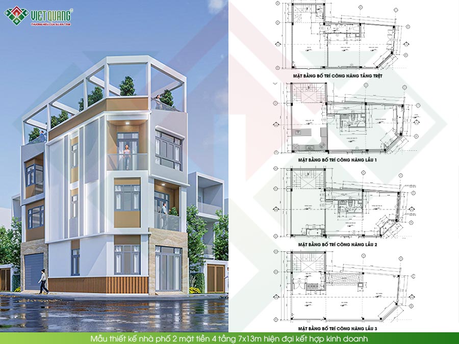Mẫu thiết kế nhà phố 2 mặt tiền 4 tầng 7x13m hiện đại – Giải pháp vừa ở vừa kinh doanh cho gia đình trẻ 