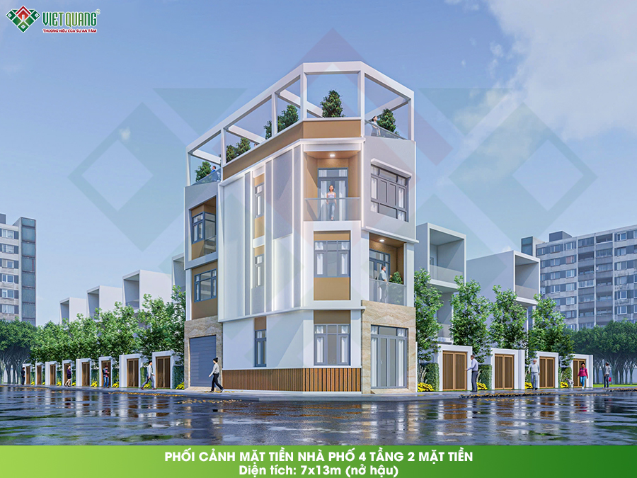 Thiết kế mặt tiền nhà phố 4 tầng 2 mặt tiền 7x13m