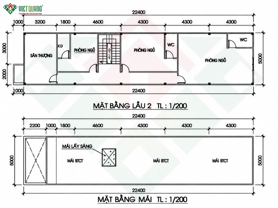 Mặt bằng bố trí công năng lầu 2 và mái nhà 3 tầng 5x27m
