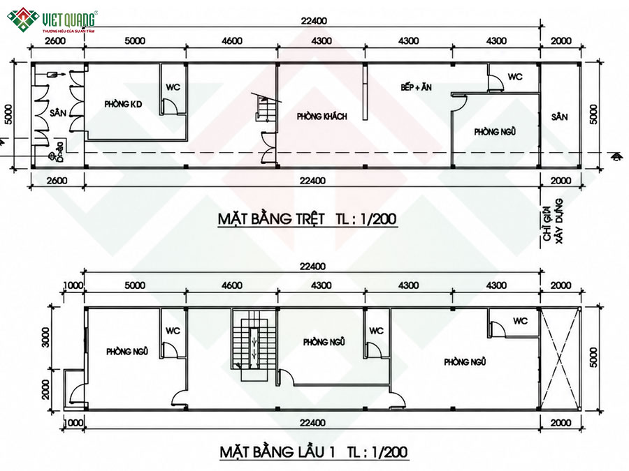Mặt bằng bố trí công năng tầng trệt và lầu 1 nhà 3 tầng 5x27m