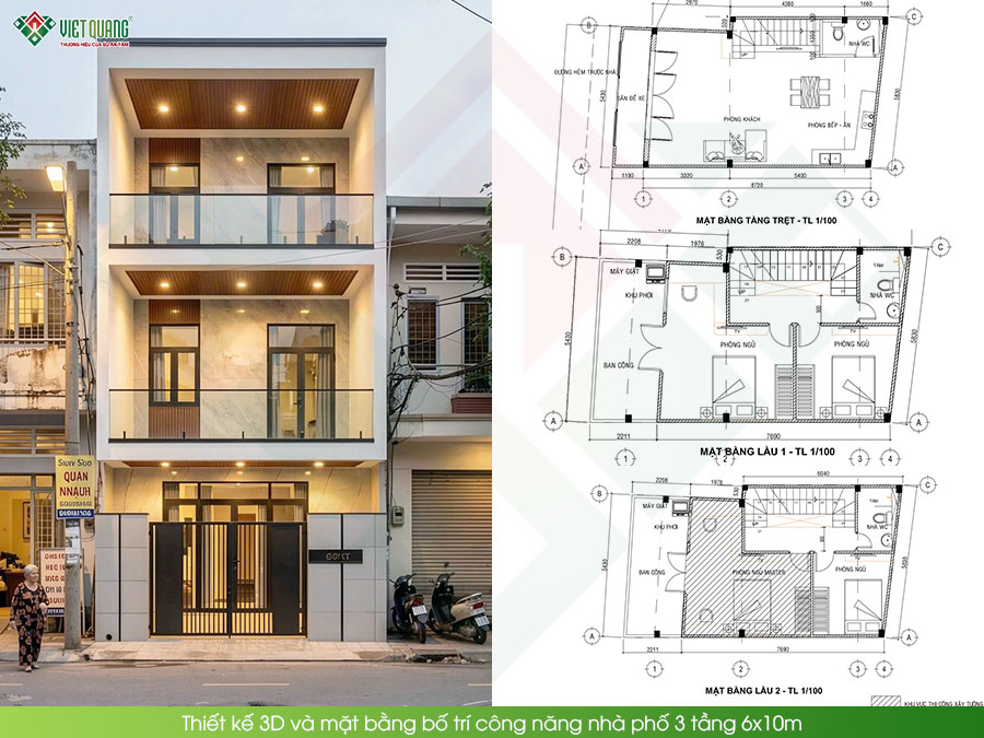Thiết kế 3D và mặt bằng bố trí công năng nhà 3 tầng