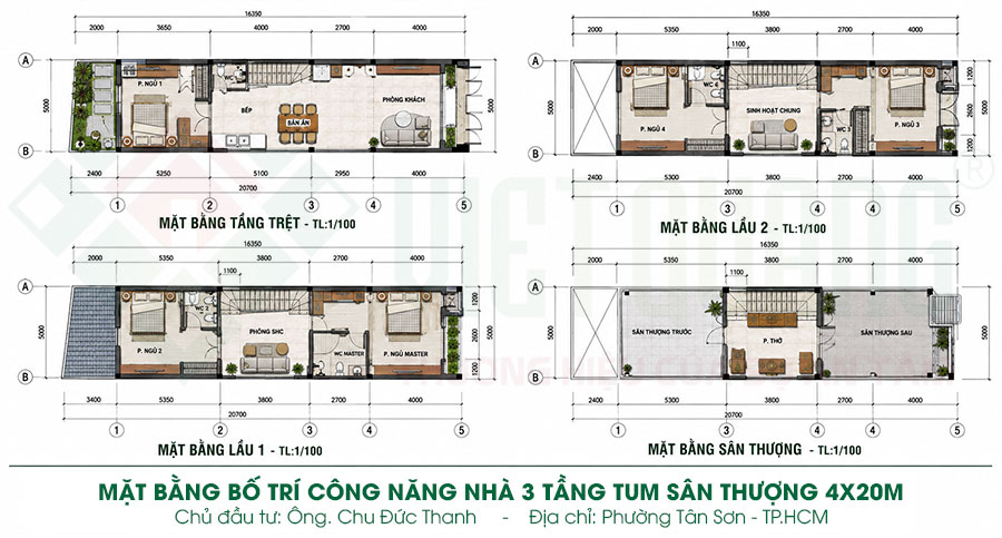 Thiết kế nhà phố 3 tầng tum sân thượng 4x20m