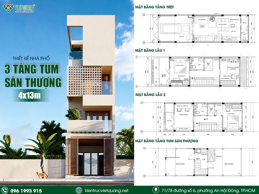 Thiết kế nhà phố 3 tầng tum sân thượng 4x13m hiện đại – Giải pháp tối ưu côn năng và không gian sống