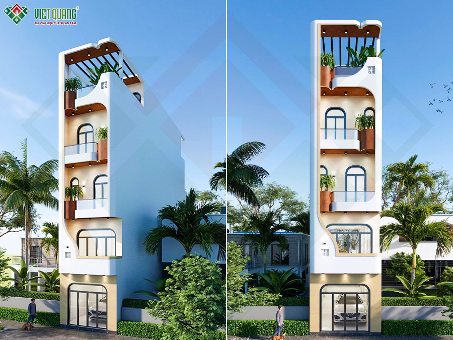 Mẫu thiết kế nhà phố 1 trệt 1 lửng 3 lầu sân thượng 4x28m
